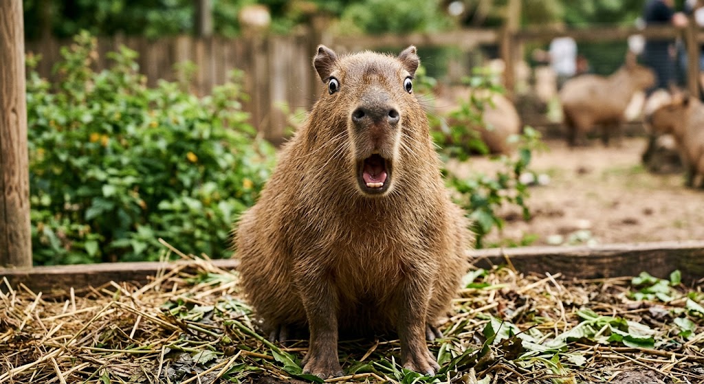 A wide-eyed, open-mouthed capybara looking very surprised